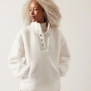 Athleta Cozy Sherpa  Snap Pullover Casual Fleece Sweatshirt Offwhite | Medium